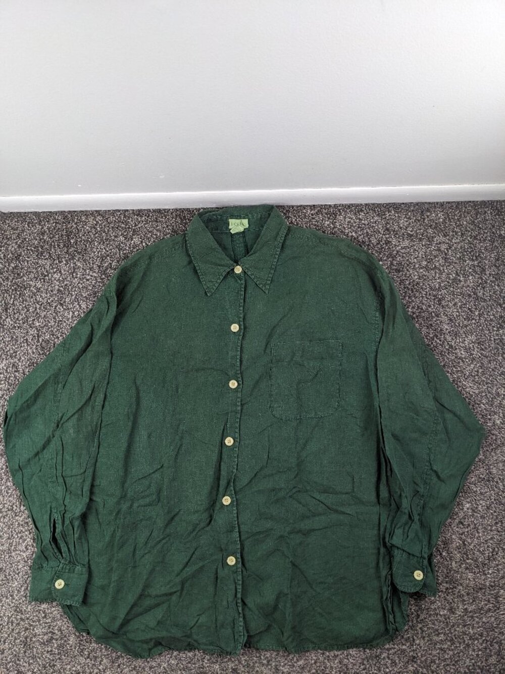 Vintage 90s J Crew Shirt 100% Linen LS Button Oversized Green Womens Large *Flaw